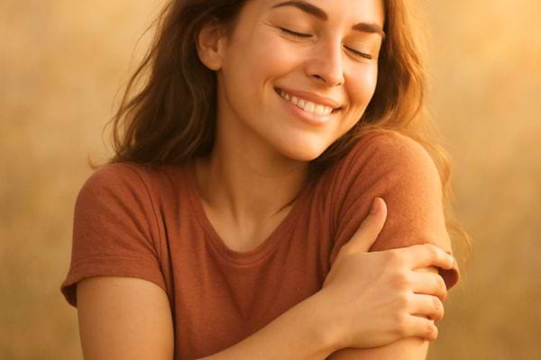 Une femme s&rsquo;enlace elle-m&ecirc;me en souriant doucement.