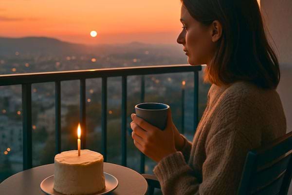 Une femme observe un coucher de soleil avec un gateau allume devant elle, l’air songeuse.