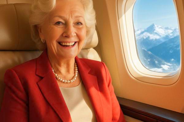 Une femme agee sourit assise pres du hublot d’un avion avec vue sur les montagnes.