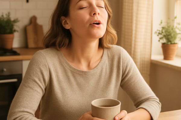 Femme apaisee respirant au-dessus d’une boisson chaude dans sa cuisine.
