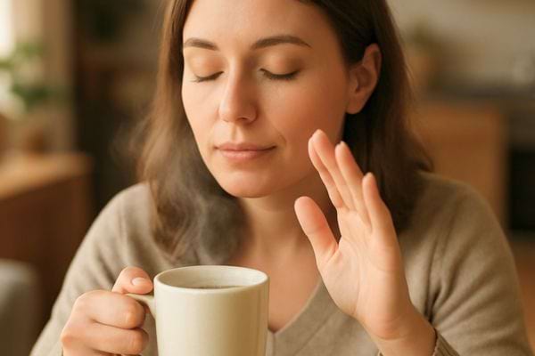 Une femme souffle sur une boisson chaude en fermant les yeux.