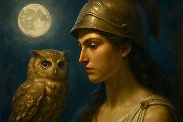 Une femme casquee se tient pres d une chouette sous une pleine lune.