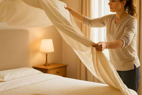 Femme en train de changer les draps d’un lit propre dans une chambre chaleureuse.