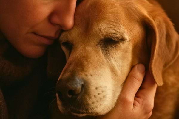 Une femme serre contre elle un chien aux yeux fermes cherchant du calme et de l’apaisement.
