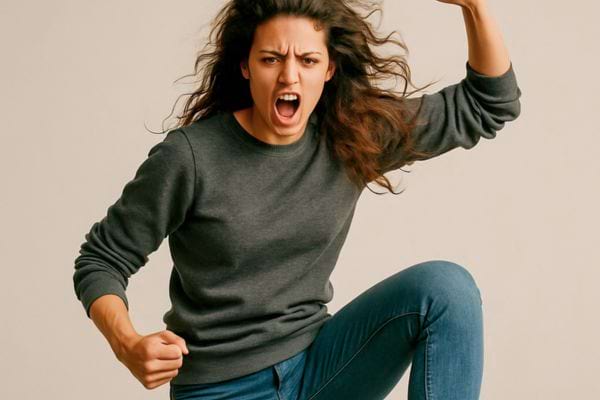 Une femme exprime une colère intense en levant le bras et en criant.