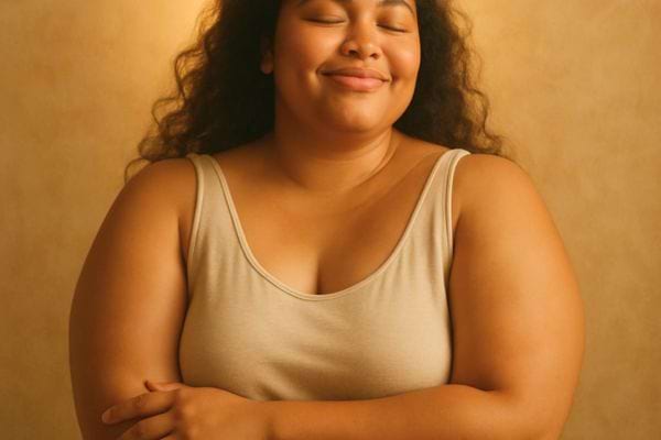 Une femme sourit les yeux ferm&eacute;s, les bras crois&eacute;s dans un moment calme.