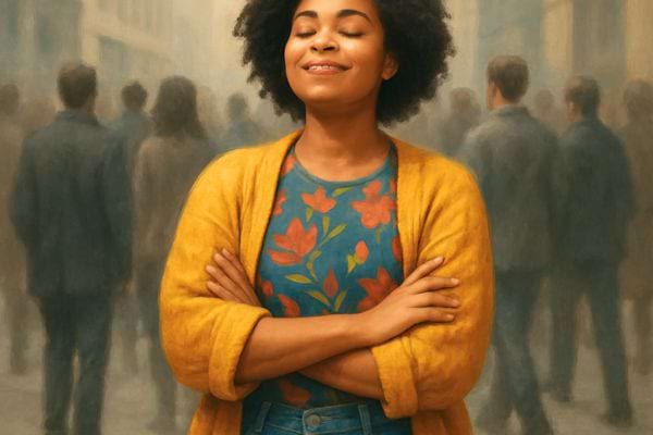 Une femme confiante se tient au milieu d&rsquo;une foule floue, les yeux ferm&eacute;s avec s&eacute;r&eacute;nit&eacute;.