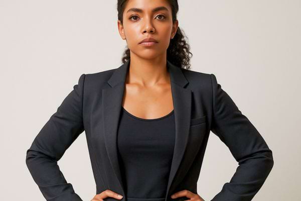 Une femme en tailleur noir adopte une posture assurée et confiante.