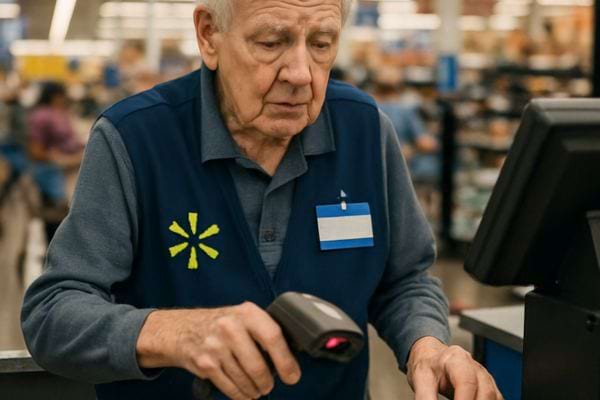 Un caissier senior scanne des articles à sa caisse dans un magasin.