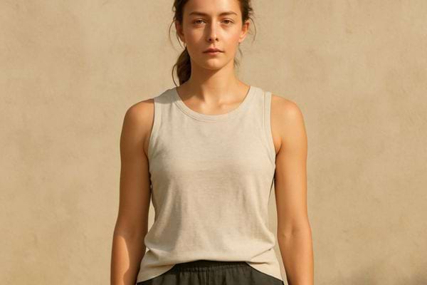 Une femme se tient droite, calme, face à l’objectif sous une lumière naturelle.