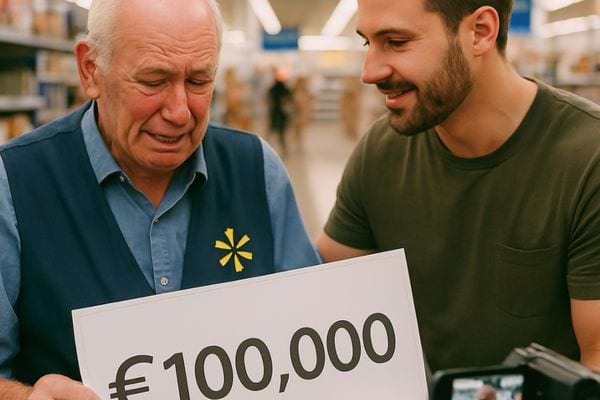 Un employé senior pleure de joie en tenant une pancarte annonçant 100 000 euros.