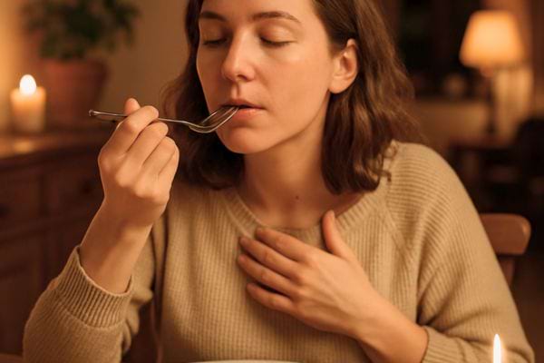 Femme savourant doucement un plat tout en touchant sa poitrine. 