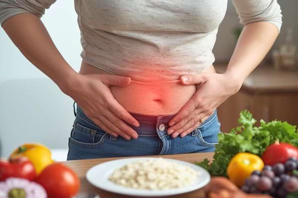 Femme se tenant le ventre, souffrant de douleurs abdominales, entourée d’aliments frais.