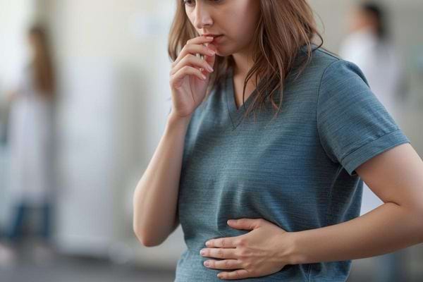 Femme se tenant le ventre avec inquiétude, semblant souffrir d’une douleur abdominale.