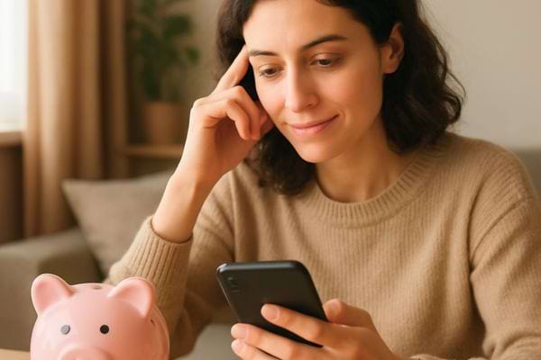 Une femme consulte son t&eacute;l&eacute;phone &agrave; c&ocirc;t&eacute; d&rsquo;une tirelire pour g&eacute;rer ses &eacute;conomies.