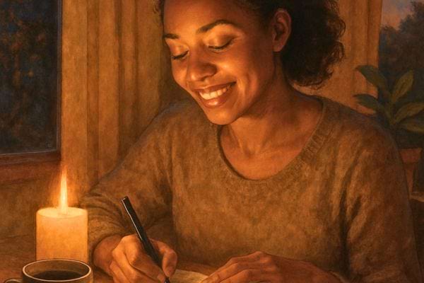 Femme ecrivant a la bougie avec une tasse chaude pres d’elle.