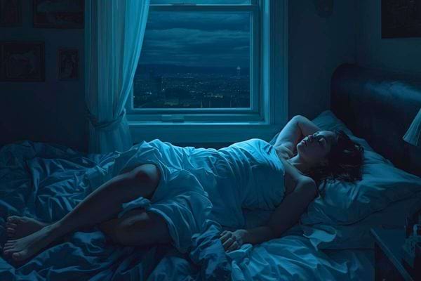 Femme dormant dans une chambre sombre, éclairée par la lumière de la ville.