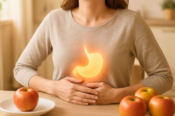 Une femme touche son ventre avec une illustration lumineuse d’estomac.