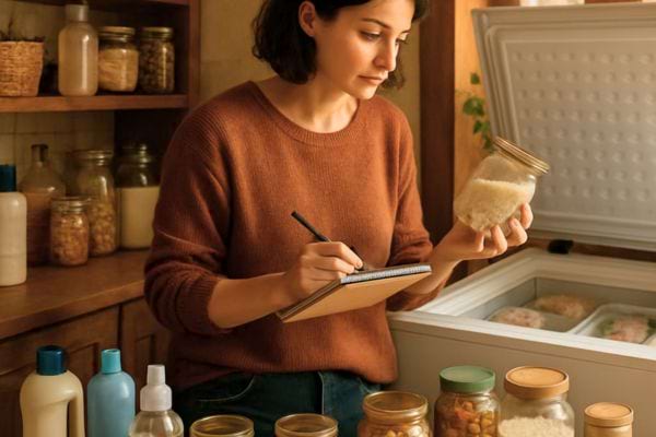 Une femme note soigneusement le contenu de ses bocaux devant son cong&eacute;lateur ouvert.