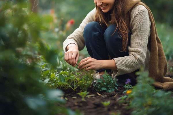 Jeune femme accroupie dans un jardin, souriante, prenant soin de ses plantes vertes.
