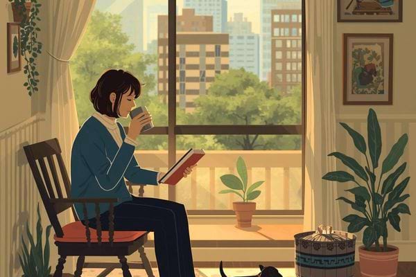 Femme lisant un livre tout en buvant un café, assise dans un salon lumineux avec vue urbaine.