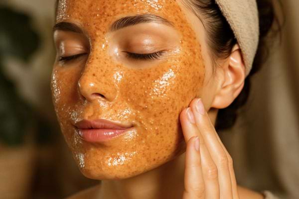 Une femme applique un masque exfoliant fait maison sur son visage, les yeux ferm&eacute;s et un geste doux sur la joue.