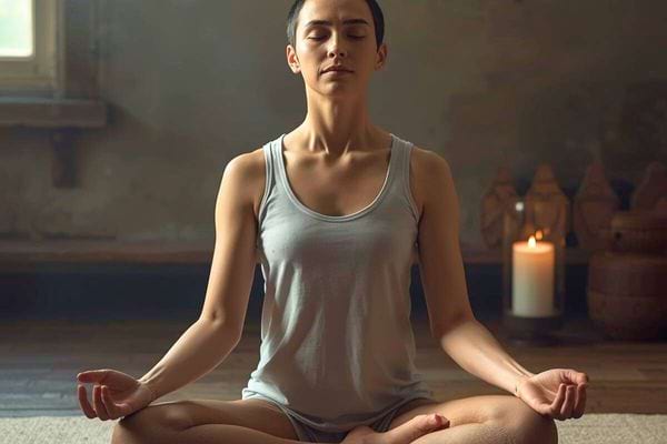 Femme assise en tailleur pratiquant la méditation devant une bougie allumée.