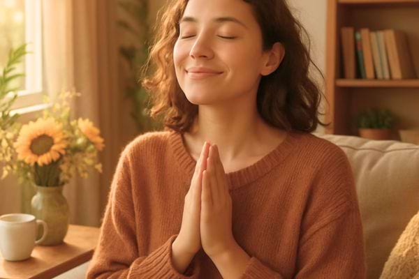 Une femme m&eacute;dite avec gratitude les mains jointes, assise dans un salon apaisant.