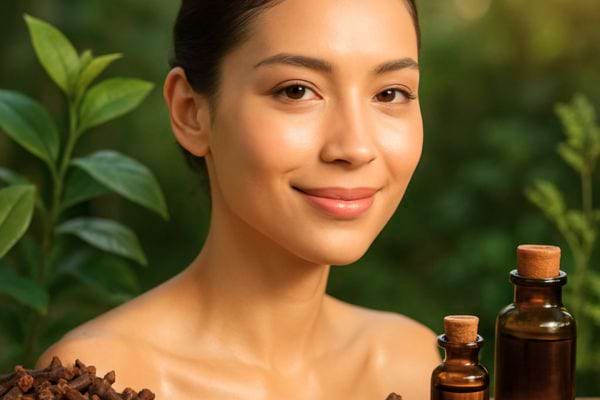 une femme pose parmi des plantes et des flacons naturels.