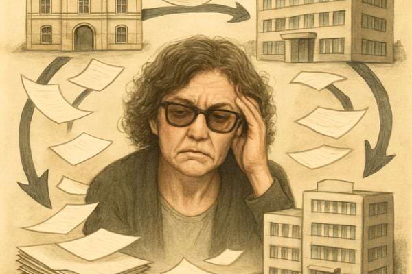 Une illustration montre une femme dépassée par des démarches administratives.