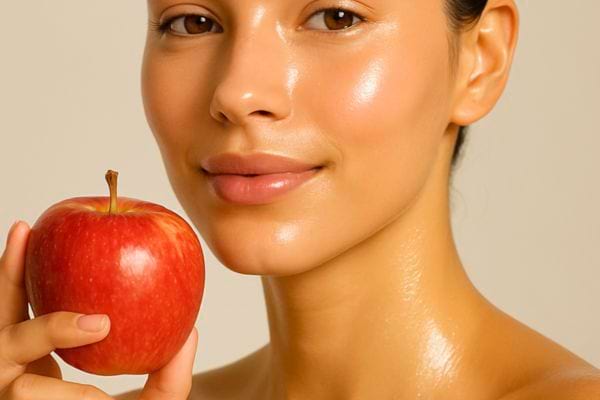 Une femme tient une pomme rouge près de son visage lumineux.