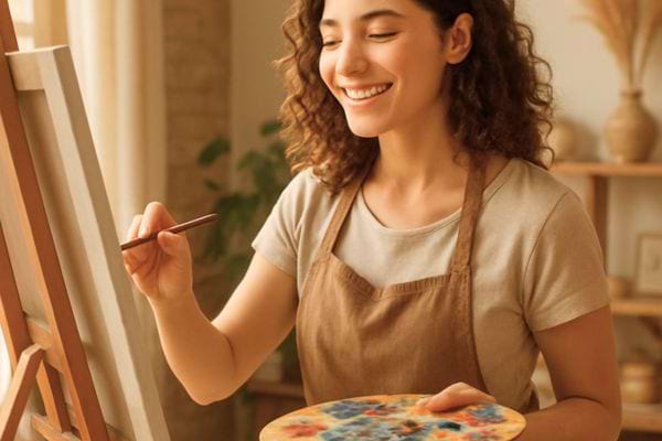 Une artiste souriante peint sur une toile dans un atelier chaleureux.