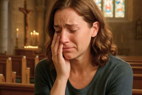 Une femme en larmes assise dans une eglise, la main sur la joue.