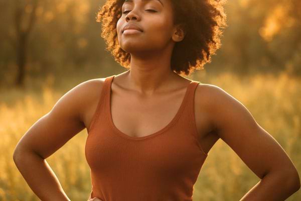 Une femme se tient droite, les mains sur les hanches, en pleine confiance.