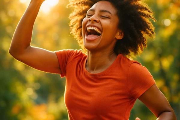 Une femme &eacute;clate de rire dans un cadre ext&eacute;rieur lumineux.