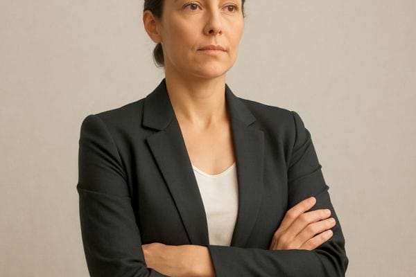 Une femme en tailleur croise les bras et regarde droit devant elle.