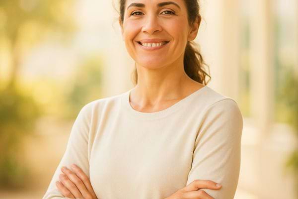 Une femme sourit pos&eacute;ment, les bras crois&eacute;s, dans un environnement doux.