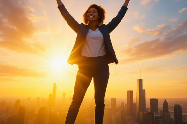Une femme l&egrave;ve les bras au lever du soleil devant une grande ville.