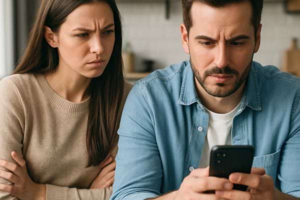 Une femme observe l ecran du telephone de l homme avec mefiance.