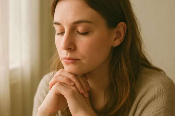 Une femme pose ses mains sous son menton et ferme les yeux dans un moment de tristesse.