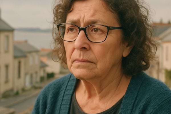 Une femme au regard triste observe au loin dans une rue calme.