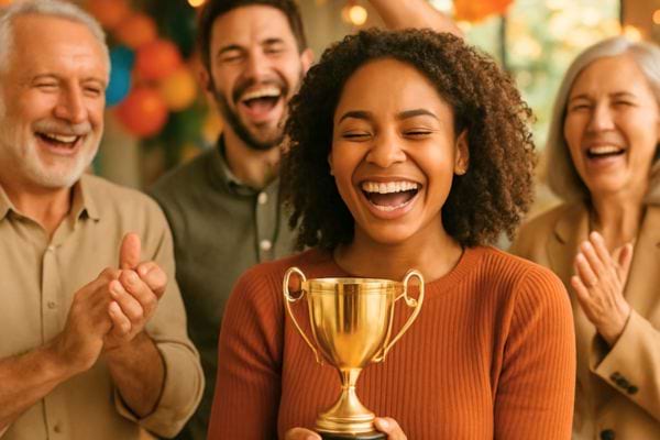 Une femme rayonne en tenant un troph&eacute;e entour&eacute;e de proches qui applaudissent.