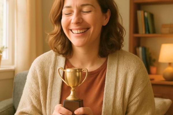 Une femme sourit les yeux ferm&eacute;s en tenant un troph&eacute;e avec fiert&eacute;.