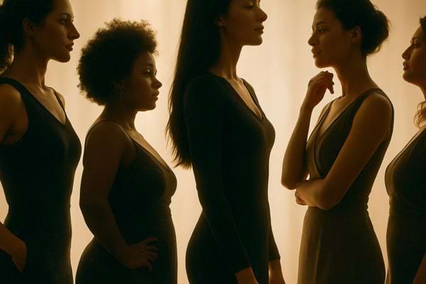 Plusieurs femmes debout posent en profil et face dans une lumière douce.