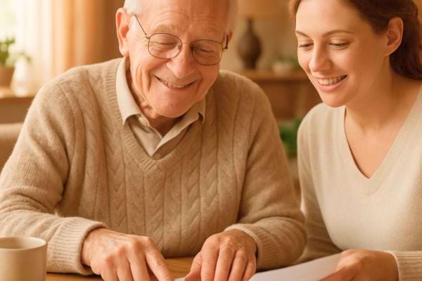 Un homme senior souriant lit un document avec une femme qui l’accompagne chaleureusement.