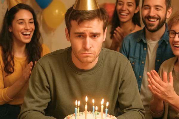 Un homme portant un chapeau de fete observe son gateau l’air decourage pendant que les invites applaudissent.