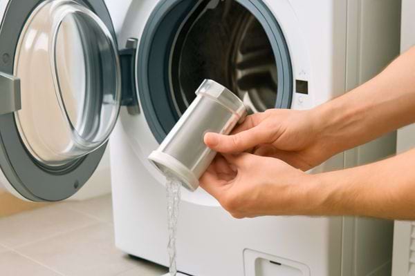 Un filtre de machine à laver est vidé de son eau devant le tambour ouvert.