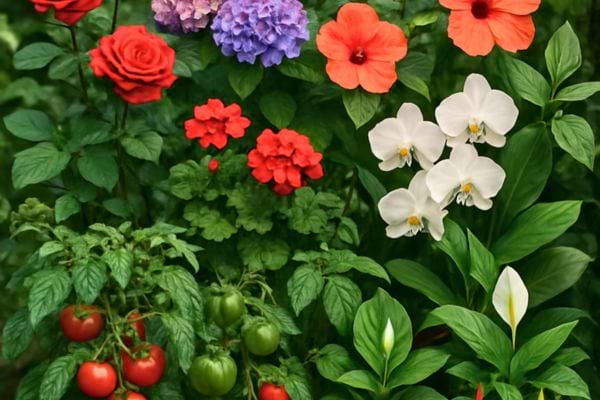 Un massif colore rassemble roses, hortensias, hibiscus, orchidées et tomates.