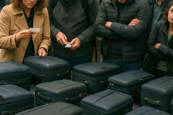Des voyageurs examinent des étiquettes en cherchant leur bagage parmi de nombreuses valises noires identiques.