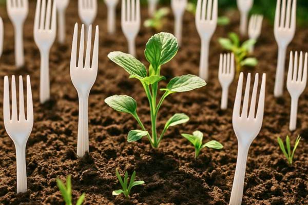  des fourchettes plantees prot&egrave;gent un jeune semis dans la terre.